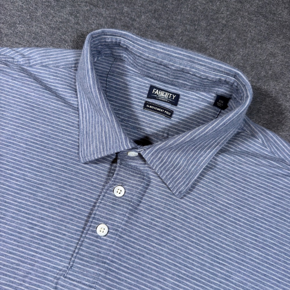 Faherty Movement Polo Mens XXL Blue Striped Pima Cotton Stretch Short Sleeve